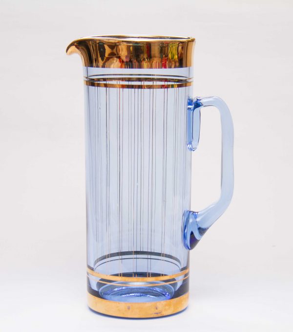 Gold Decorated Blue Glass Pitcher, Gold Decorated Tall Blue Glass Pitcher