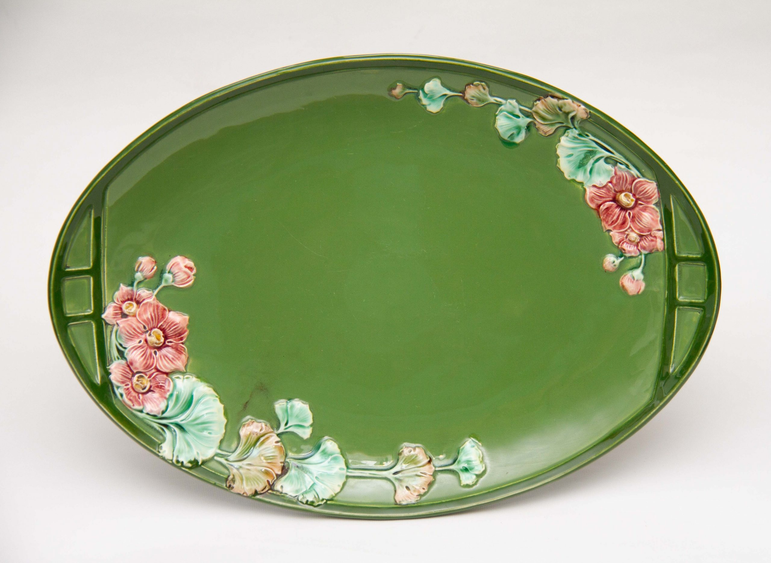 Art Nouveau Eichwald Majolica Tazza, Art Nouveau Eichwald Pottery Green Majolica Oval Footed Tazza