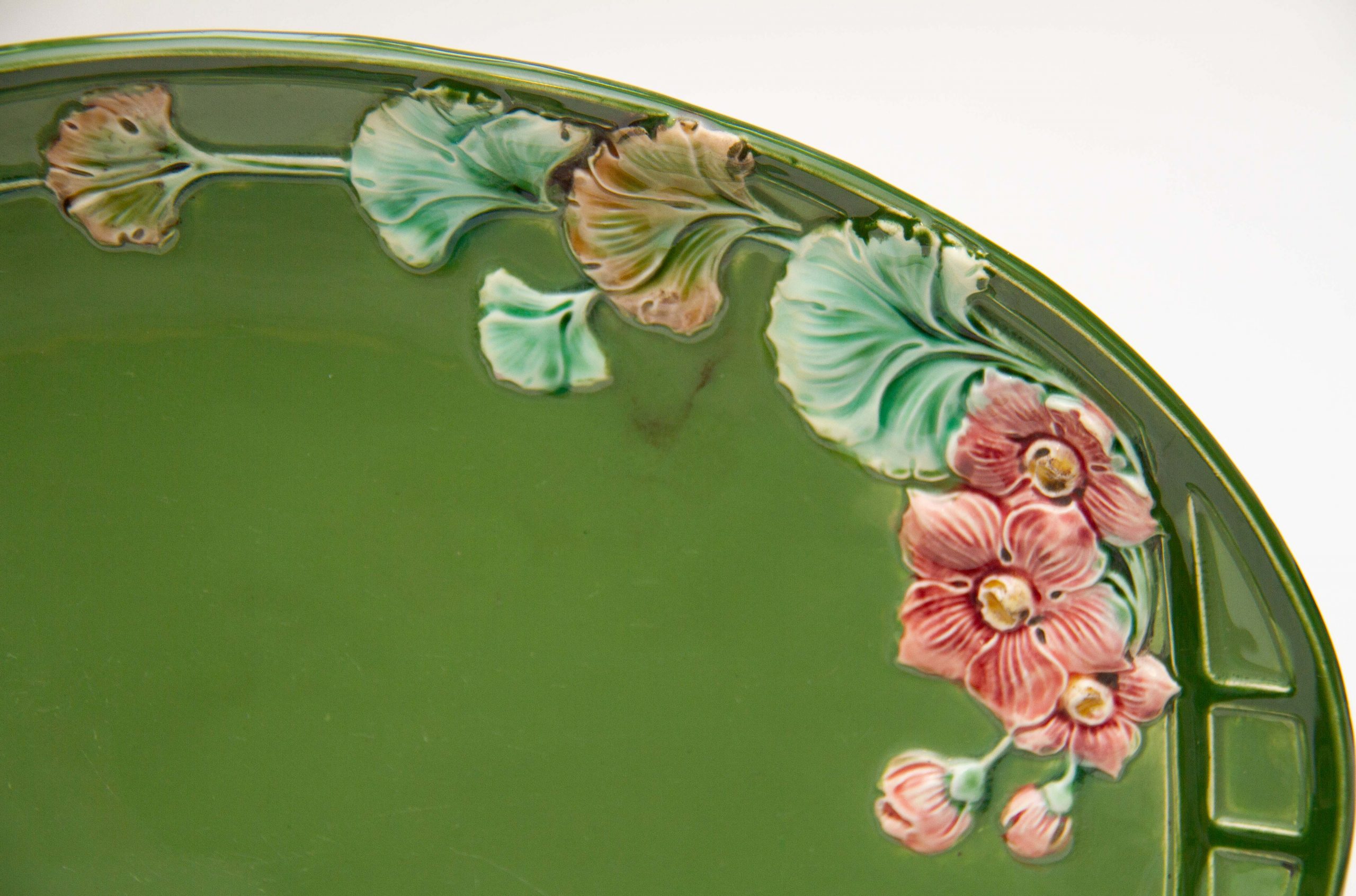 Art Nouveau Eichwald Majolica Tazza, Art Nouveau Eichwald Pottery Green Majolica Oval Footed Tazza