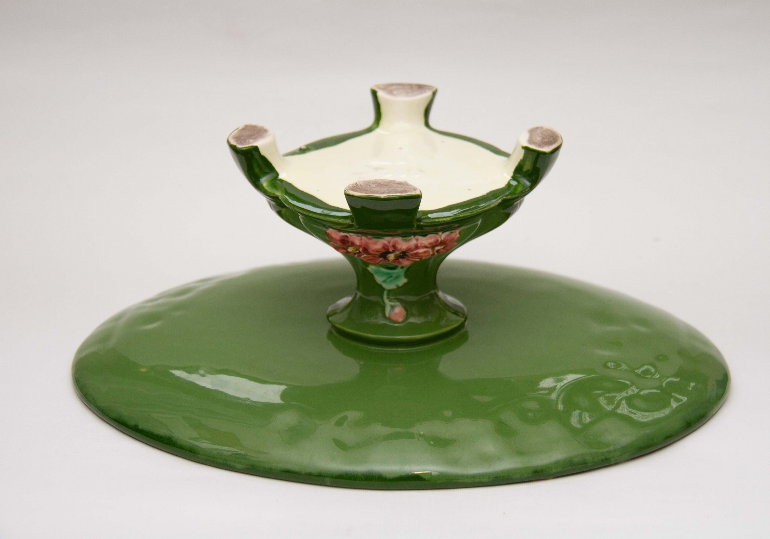 Art Nouveau Eichwald Majolica Tazza, Art Nouveau Eichwald Pottery Green Majolica Oval Footed Tazza