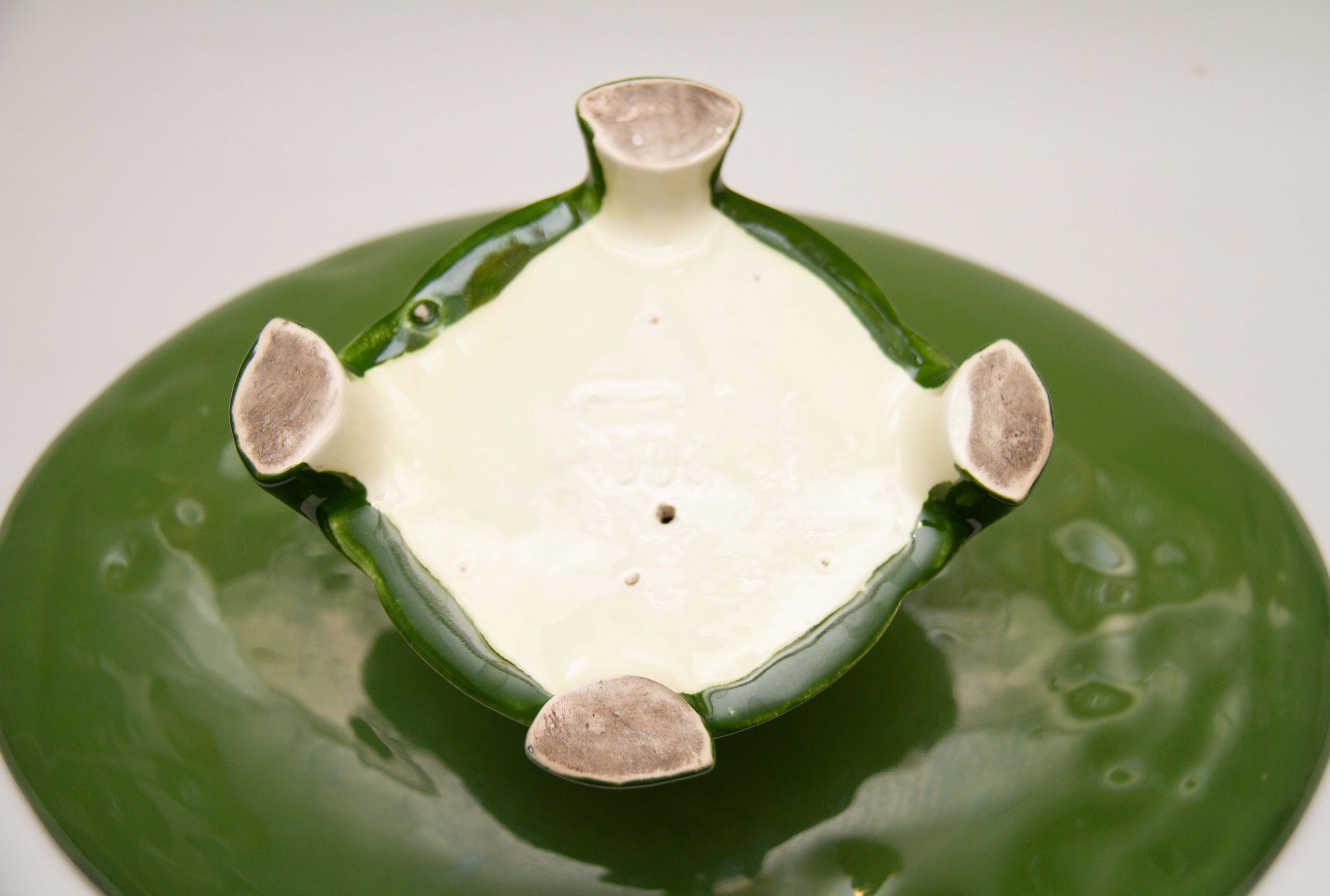 Art Nouveau Eichwald Majolica Tazza, Art Nouveau Eichwald Pottery Green Majolica Oval Footed Tazza