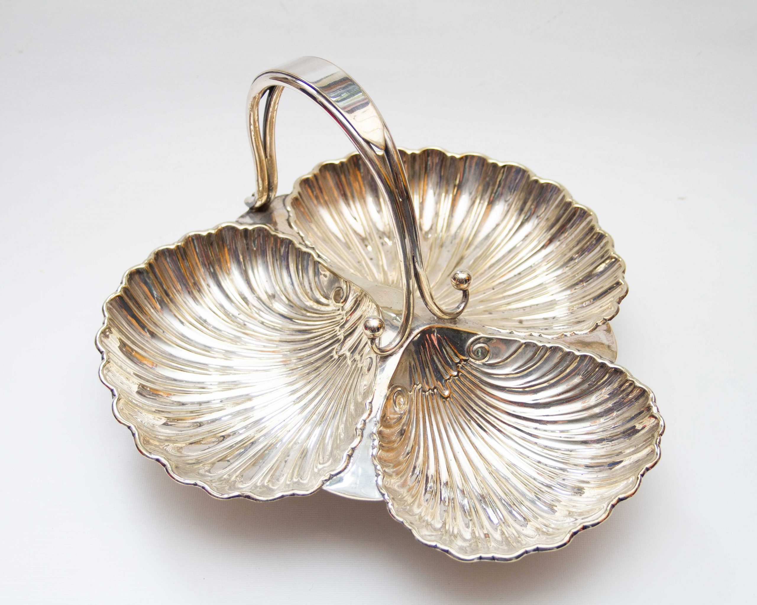 Silver Plated Shell Shaped Three Section Dish, Large Antique Silver Plated Shell Shaped 3 Section Dish With Handle