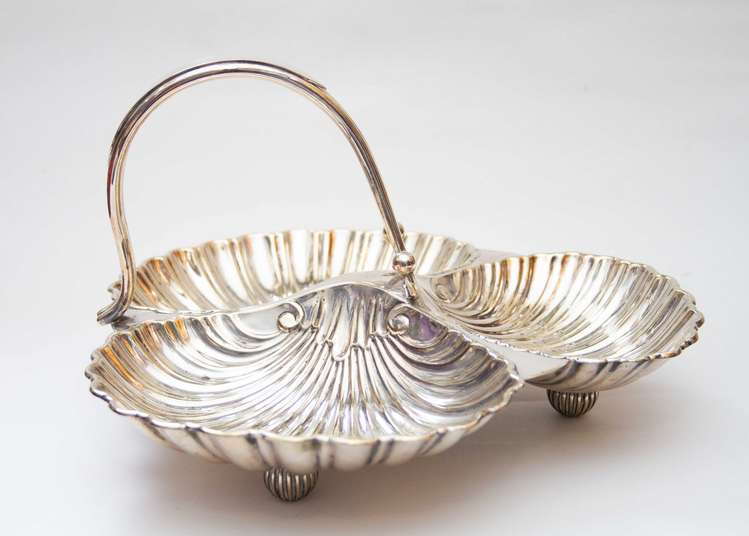Silver Plated Shell Shaped Three Section Dish, Large Antique Silver Plated Shell Shaped 3 Section Dish With Handle