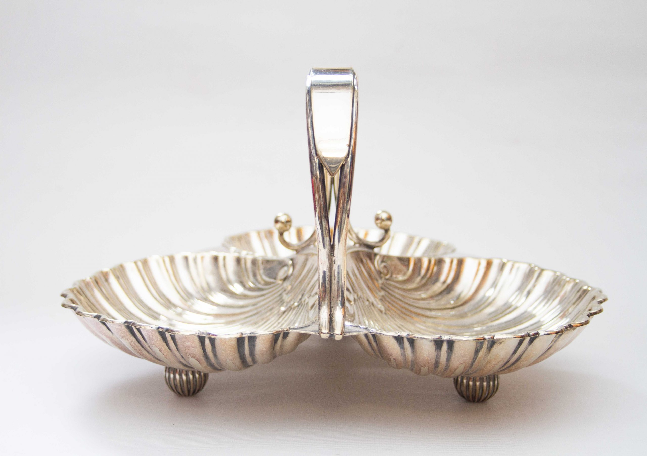 Silver Plated Shell Shaped Three Section Dish, Large Antique Silver Plated Shell Shaped 3 Section Dish With Handle