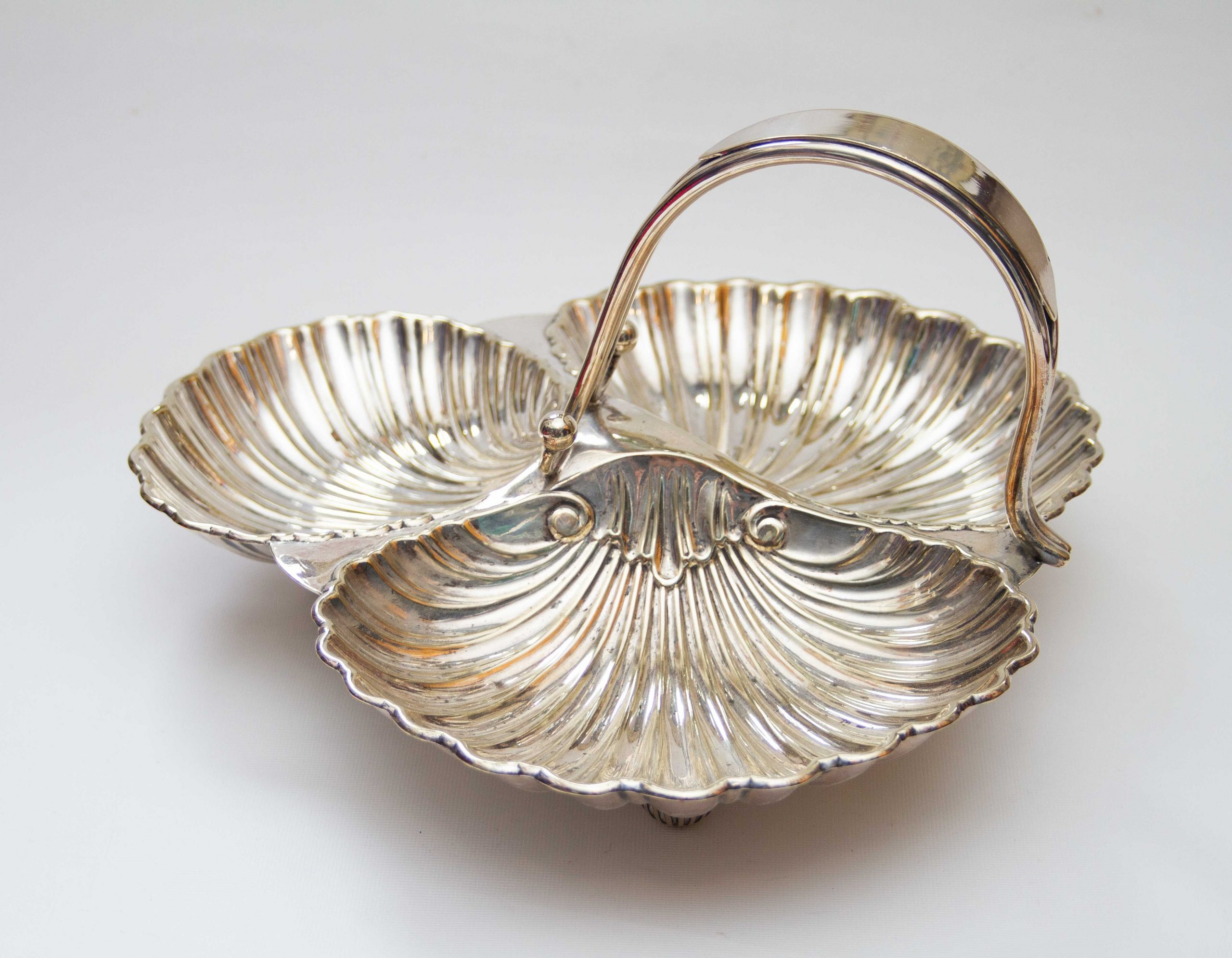 Silver Plated Shell Shaped Three Section Dish, Large Antique Silver Plated Shell Shaped 3 Section Dish With Handle