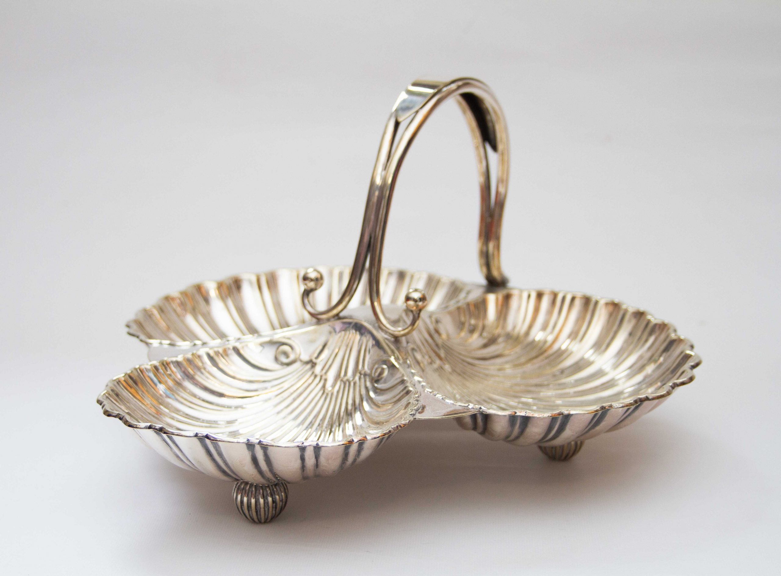 Silver Plated Shell Shaped Three Section Dish, Large Antique Silver Plated Shell Shaped 3 Section Dish With Handle