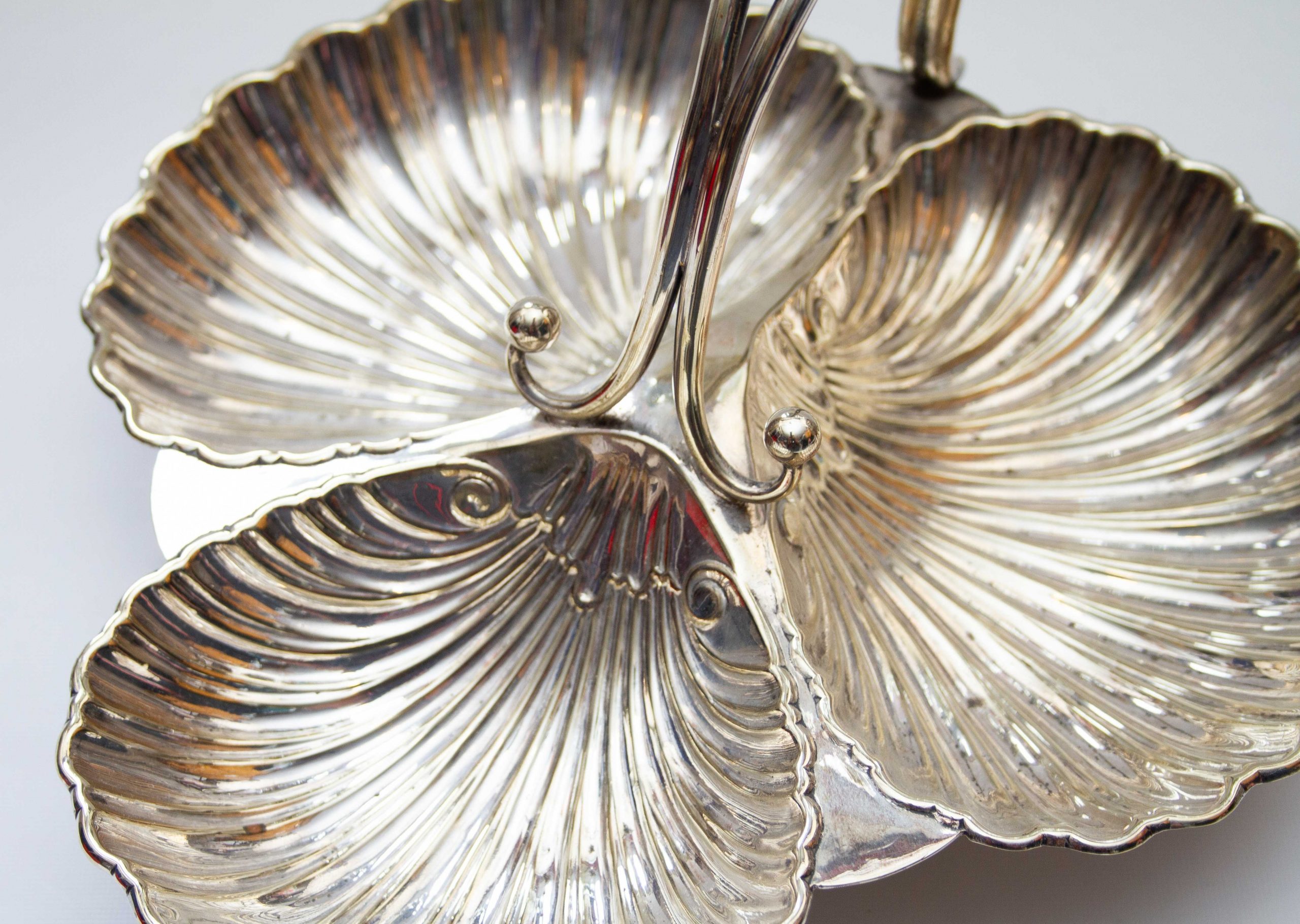 Silver Plated Shell Shaped Three Section Dish, Large Antique Silver Plated Shell Shaped 3 Section Dish With Handle