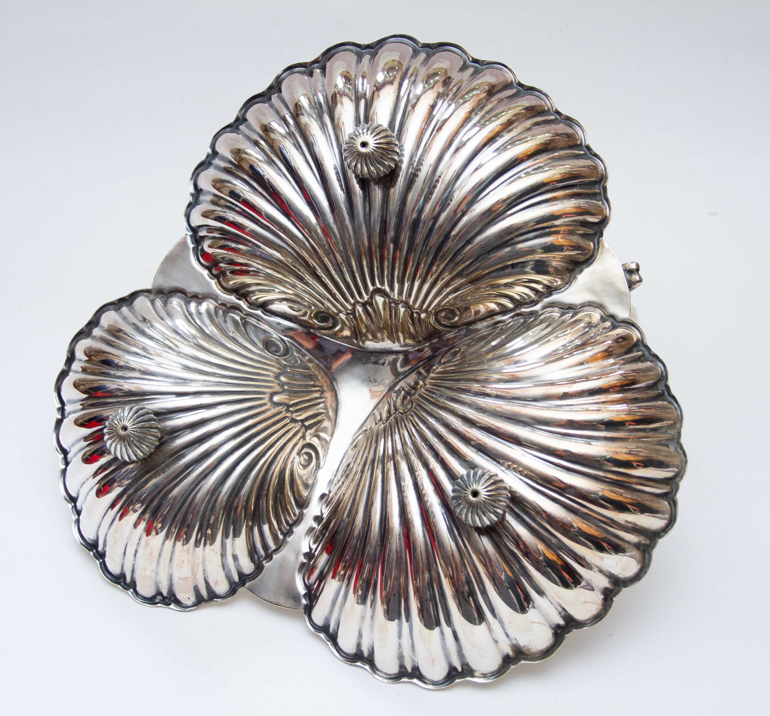 Silver Plated Shell Shaped Three Section Dish, Large Antique Silver Plated Shell Shaped 3 Section Dish With Handle