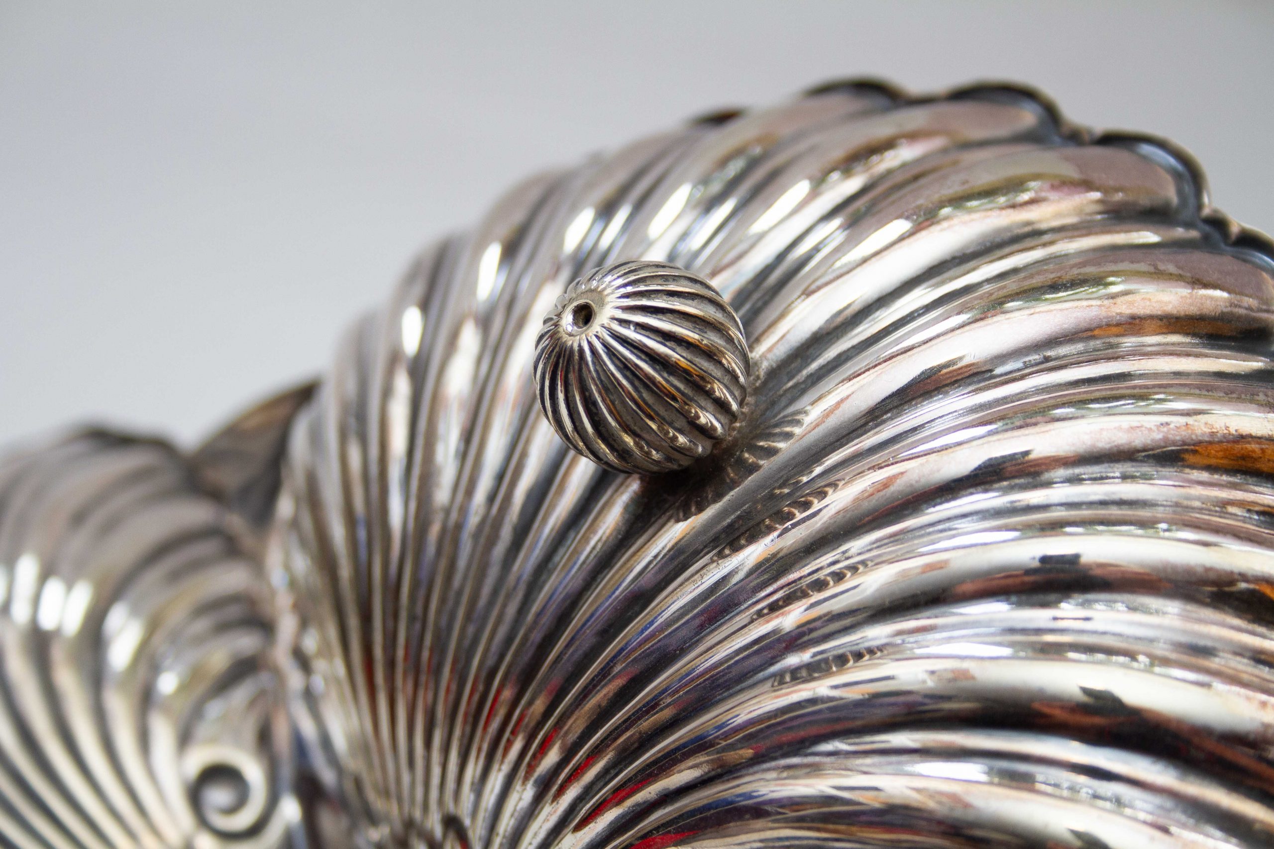 Silver Plated Shell Shaped Three Section Dish, Large Antique Silver Plated Shell Shaped 3 Section Dish With Handle