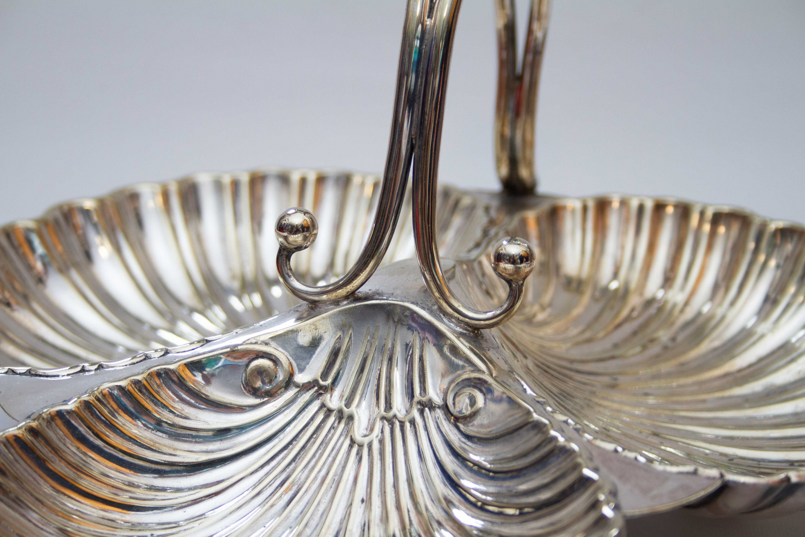 Silver Plated Shell Shaped Three Section Dish, Large Antique Silver Plated Shell Shaped 3 Section Dish With Handle