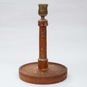 Turned Oak Wood & Brass Candlestick