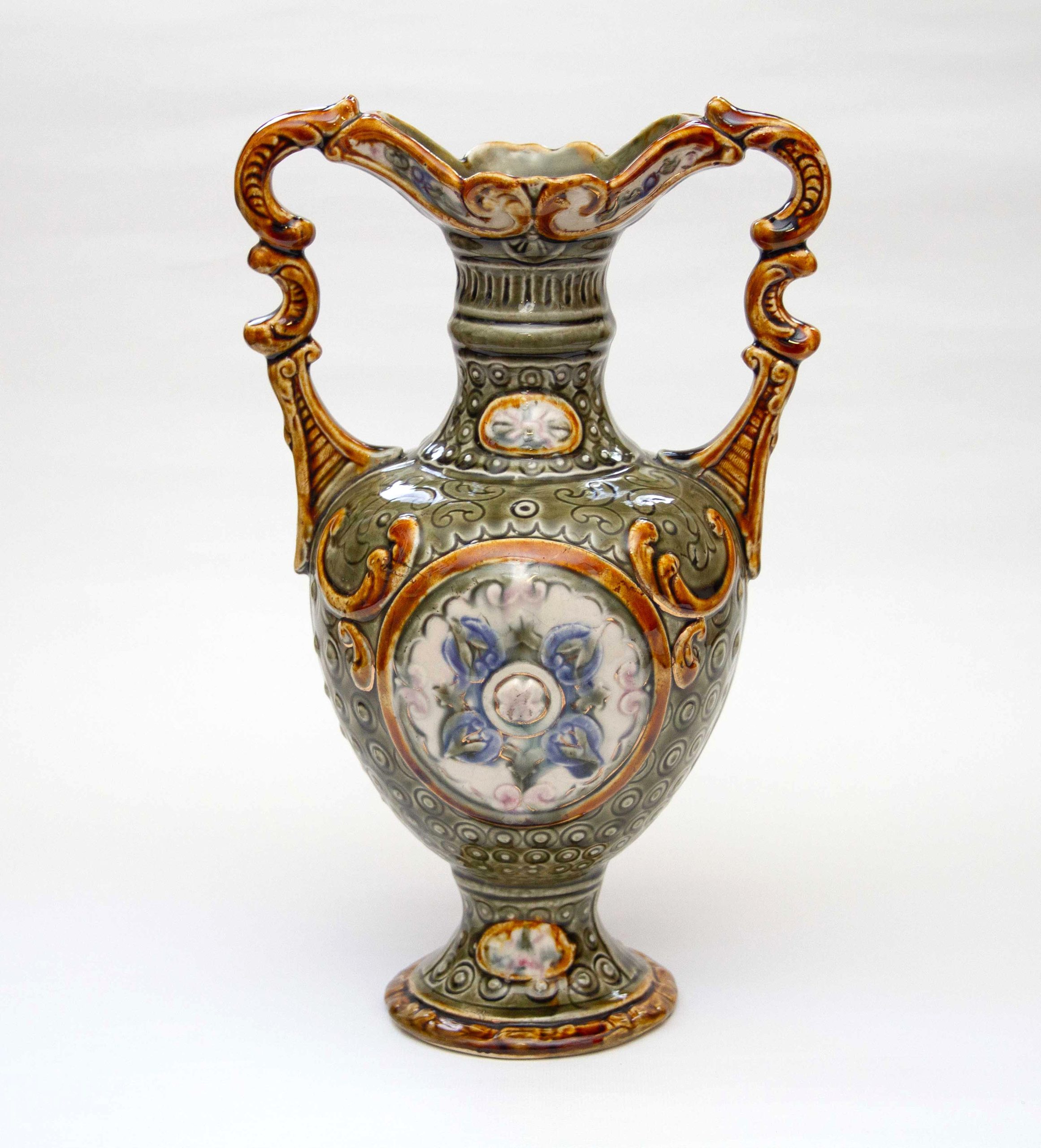 Antique Majolica Green & Brown Two Handle Vase, Antique Majolica Green & Brown Two Handle Vase