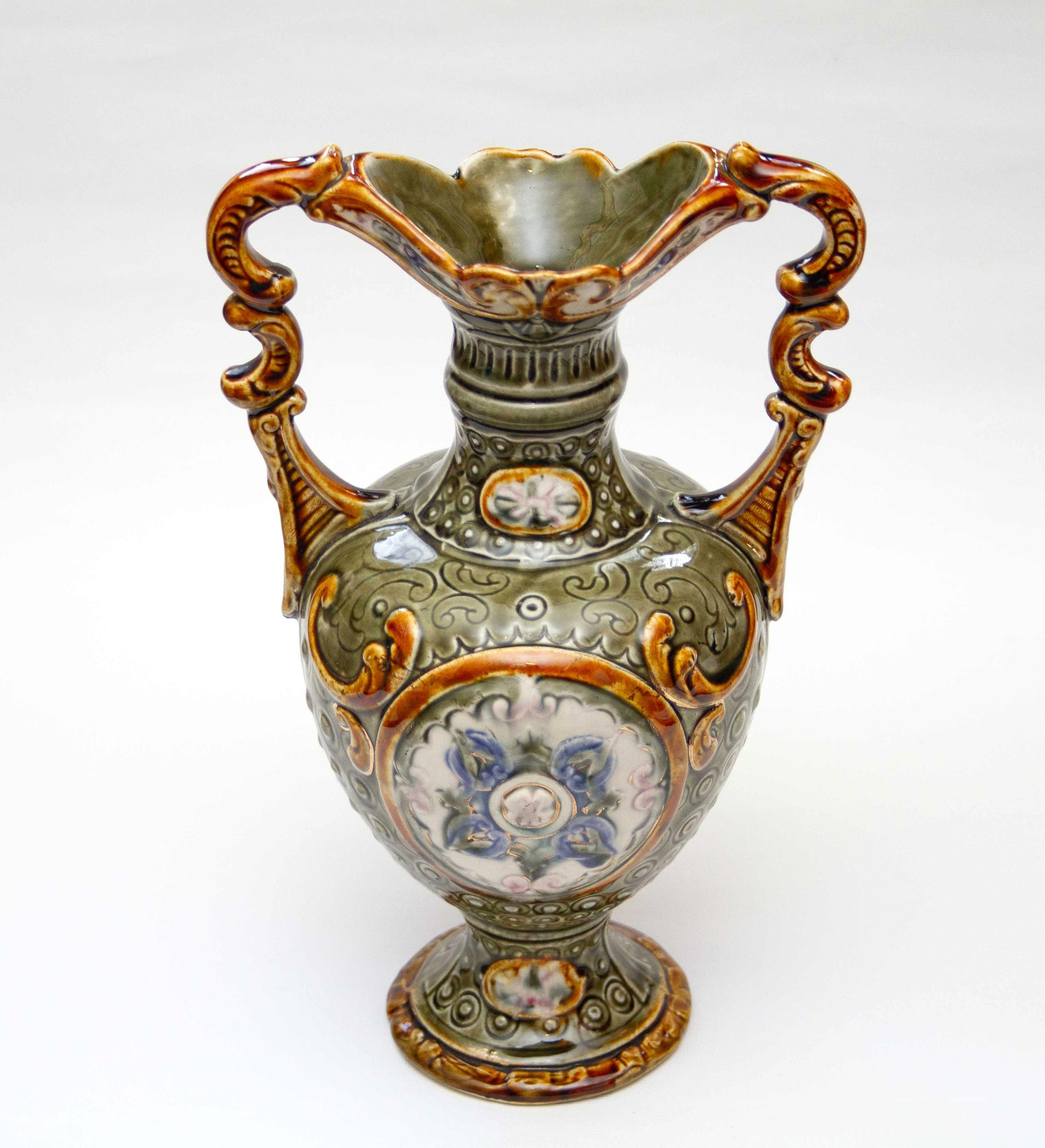 Antique Majolica Green & Brown Two Handle Vase, Antique Majolica Green & Brown Two Handle Vase