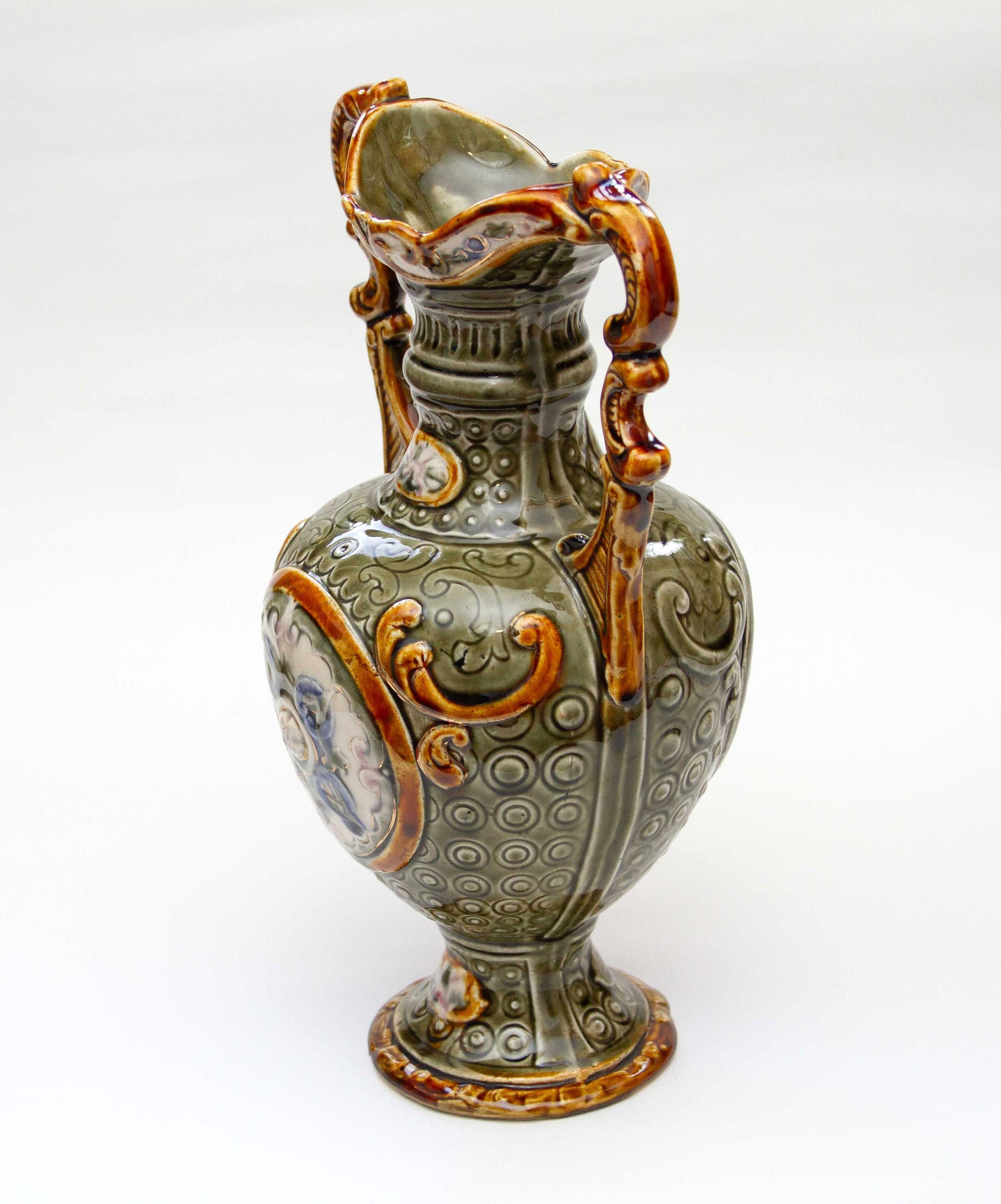 Antique Majolica Green & Brown Two Handle Vase, Antique Majolica Green & Brown Two Handle Vase