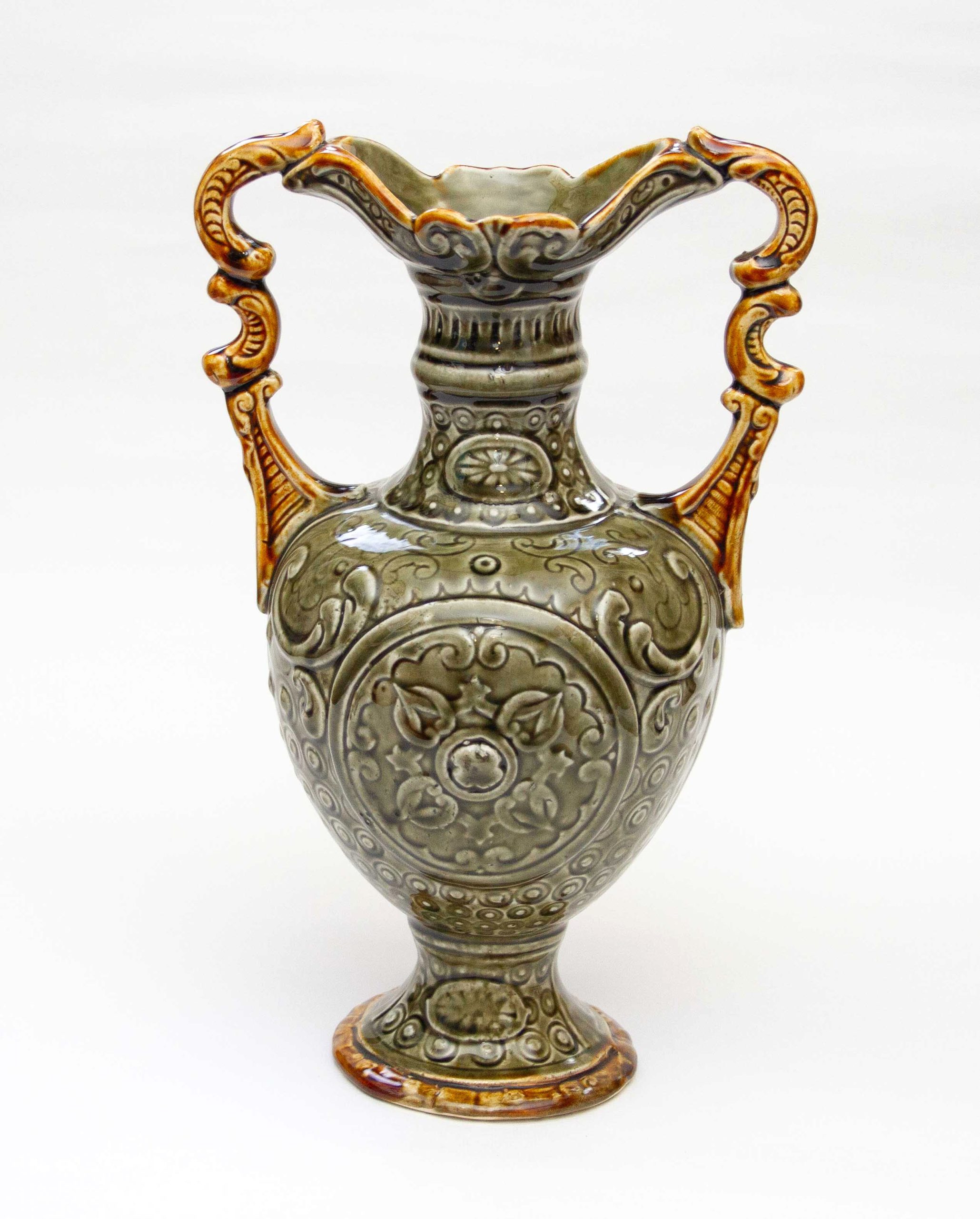 Antique Majolica Green & Brown Two Handle Vase, Antique Majolica Green & Brown Two Handle Vase