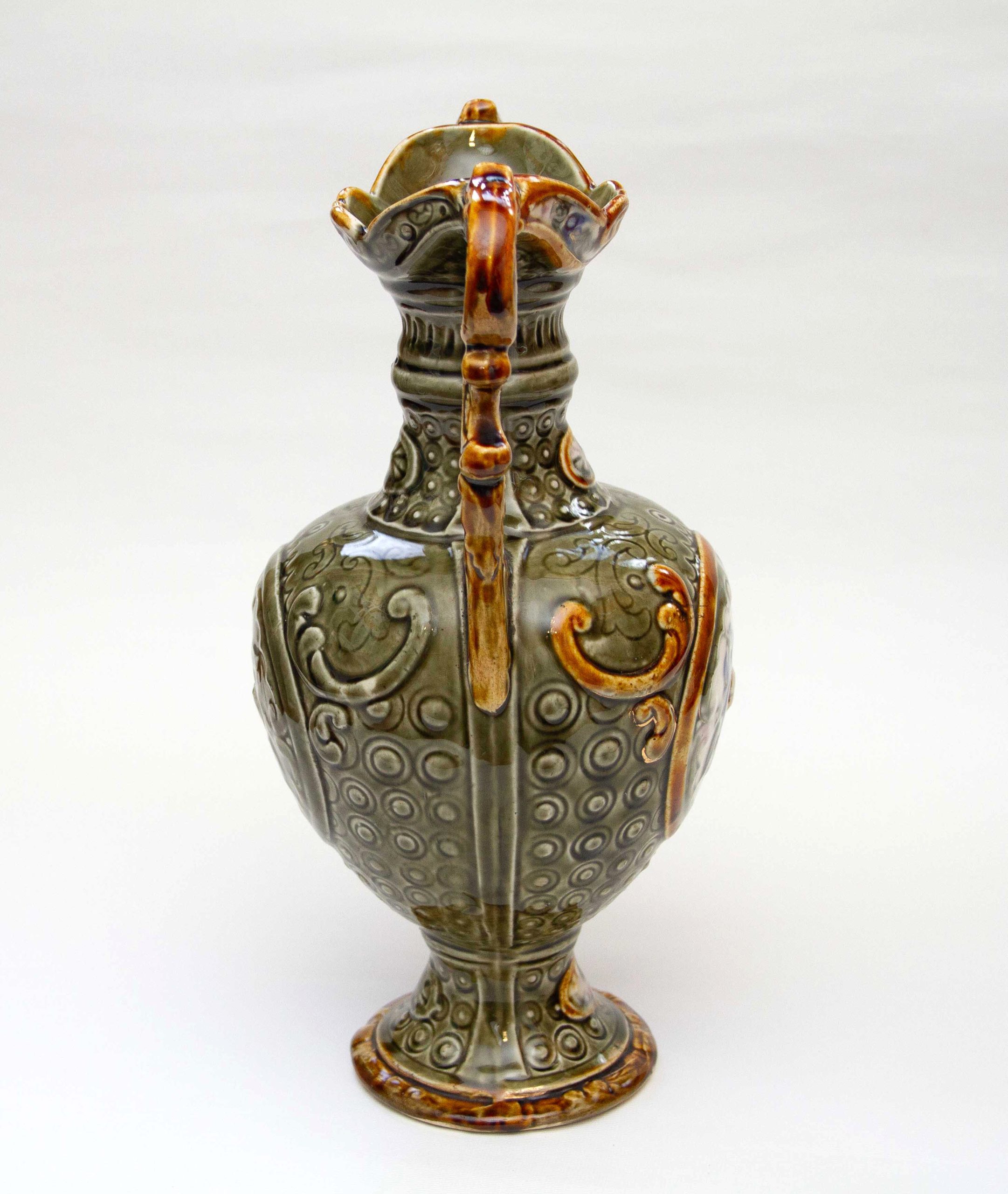 Antique Majolica Green & Brown Two Handle Vase, Antique Majolica Green & Brown Two Handle Vase