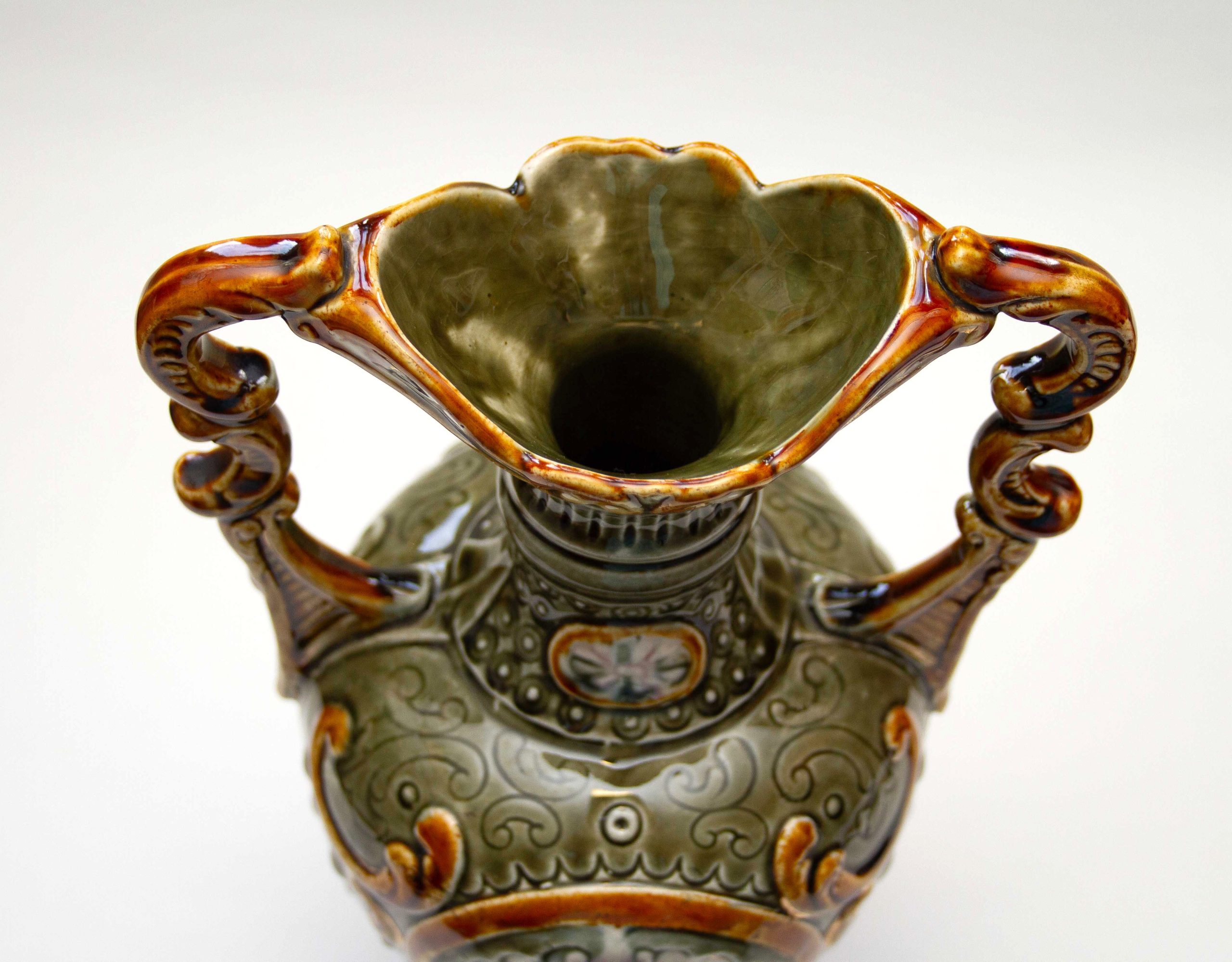 Antique Majolica Green & Brown Two Handle Vase, Antique Majolica Green & Brown Two Handle Vase