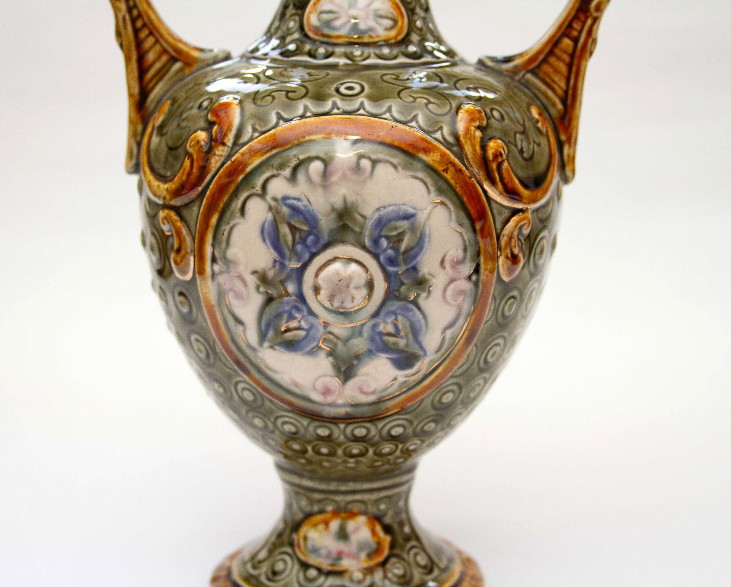 Antique Majolica Green & Brown Two Handle Vase, Antique Majolica Green & Brown Two Handle Vase