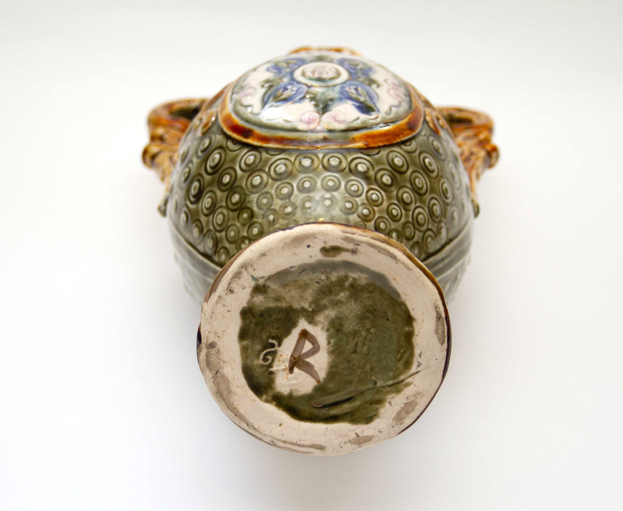Antique Majolica Green & Brown Two Handle Vase, Antique Majolica Green & Brown Two Handle Vase